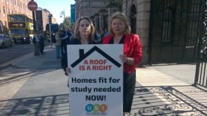 Laura Harmon, AMLÉ President, with Senator Aideen Hayden, in front of the Oireachtas.