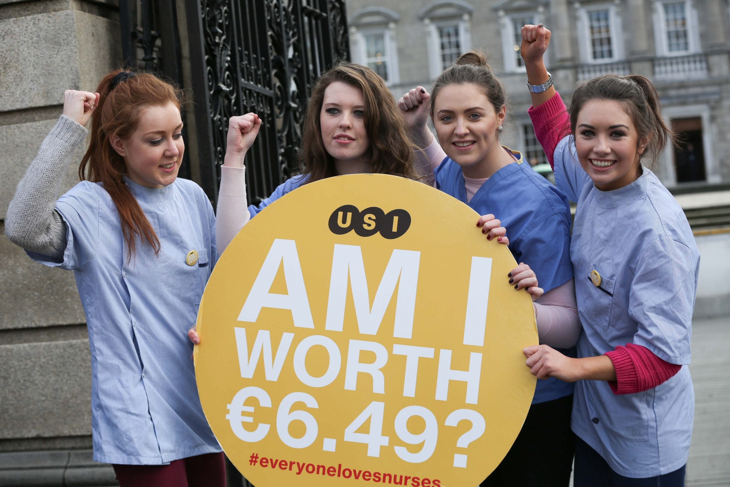 *** NO REPRODUCTION FEE *** DUBLIN : 6/02/2014 : Pictured (l-r) at the launch the ‘Everyone Loves Nurses’ campaign organised by The Union of Students in Ireland (AMLÉ) were student representatives and student nurses Maeve Ledden, Siobhan Cahill, Caitriona Quinlan and Catriona Dowling. The launch was held ahead of a larger demonstration that will take place in a fortnight at the HSE. The starting salary for newly graduated nurses is now €22,000, a drop of €4,000 from the past starting salary of €26,000. This works out as €6.49 per hour. This is less than the current minimum wage of €8.65. The same graduate nurses can earn far more abroad, up to €43,614 in Canada. AMLÉ and student nurses from across the country are telling Minister James Reilly, who previously said they can “emigrate or work in a fast food service if unhappy”, that they've had enough. AMLÉ President Joe O’Connor said: “The message to Minister Reilly today is loud and clear; change the starting salary level back to €26,000 for newly graduated nurses. Follow the campaign on Twitter using the hashtag #everyonelovesnurses. Picture Conor McCabe Photography. MEDIA CONTACT : Gráinne O Reilly, Communications and Research Executive, Union of Students in Ireland mobile : 087 677 6636 tele : 01 905 2100