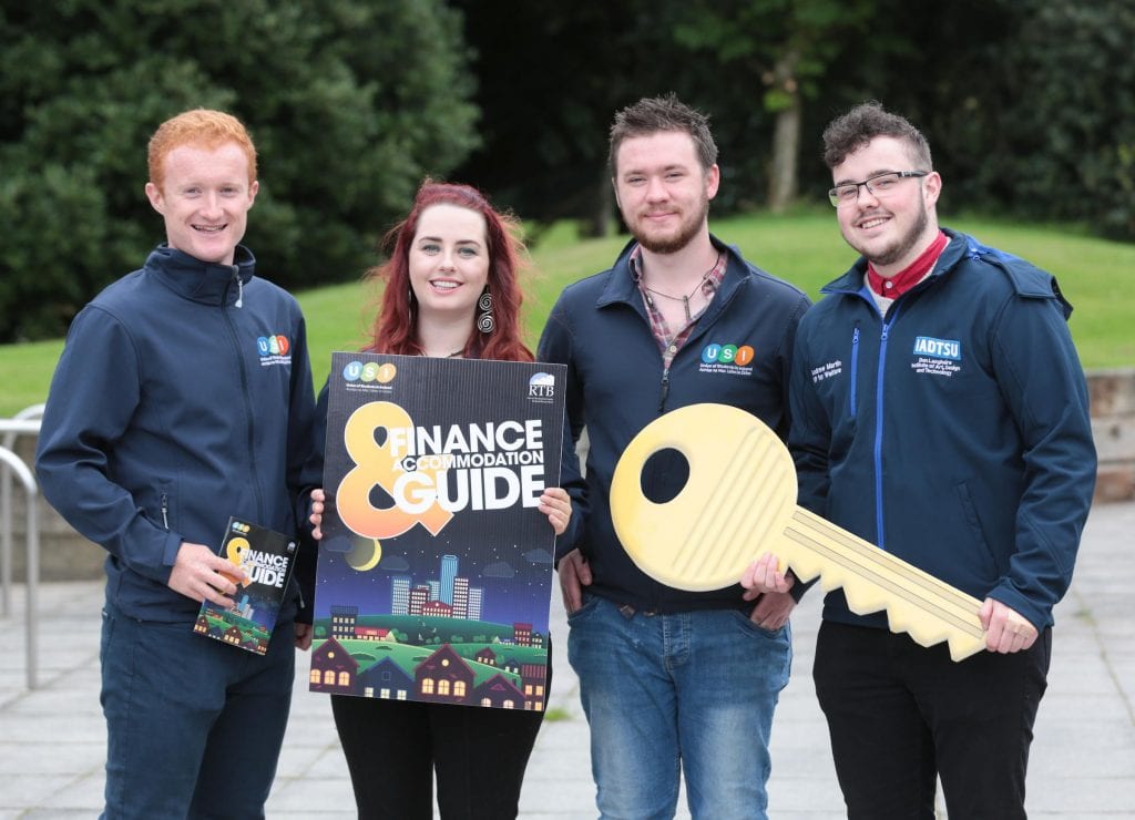 NO REPRO FEE. Maynooth University, 30/08/2016. Pictured here at the launch of the AMLÉ and RTB Finance and Accommodation Guide were Jack Leahy (left), Deputy President of AMLÉ, Annie Hoey, AMLÉ President, Cian Power, AMLÉ VP for Welfare and Andrew Martin, Students Union IADT. The guide has a rent book and inventory checklist included, so students can record any damages or missing utensils at the start of the lease, and not be penalised unfairly on their deposit. The guide also provides information on finance and gives budgeting tips for students to financially manage the college year.  Pic: Alan Rowlette ENDS Contact: Annie Hoey, AMLÉ President, 087-6776636 Dillon Grace, Maynooth Students Union President, 01-7086436 Jack Leahy, AMLÉ Deputy President, 0861303101 For media requests email Fiona.omalley@usi.ie or call 0874495695 AMLÉ is the national representative body for the 354,000 students in third level education on the Island of Ireland.  We are a membership organisation  our members are our affiliated Students Unions around Ireland, North and South.