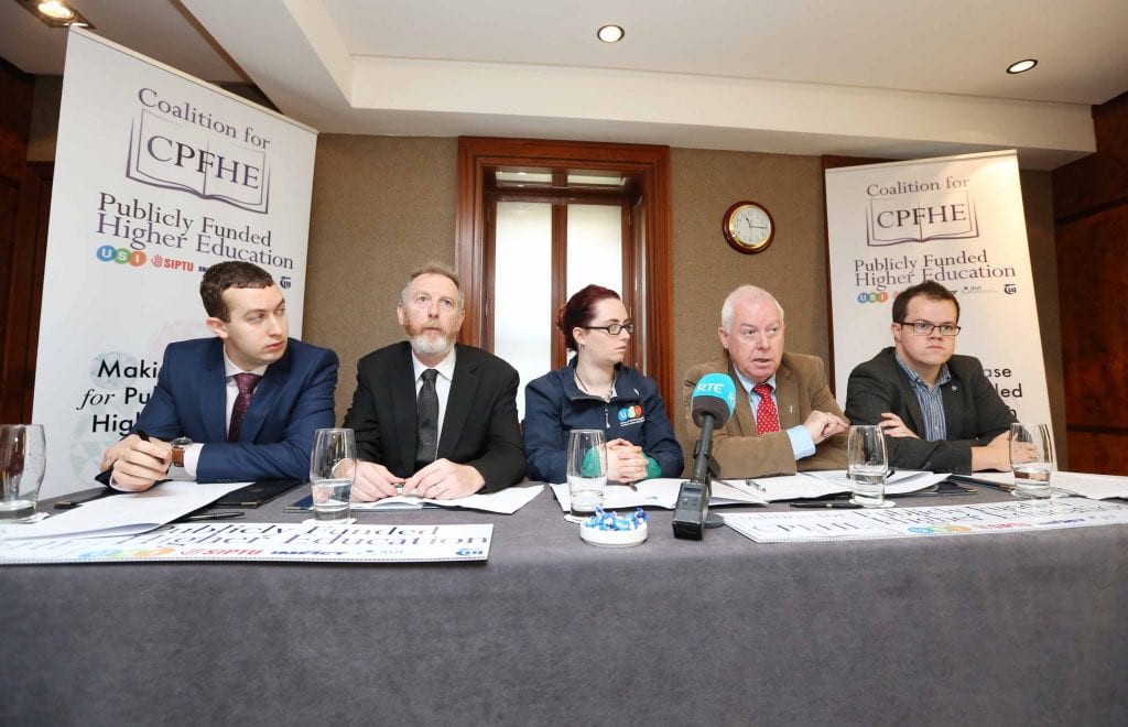 NO REPRO FEE 28/09/2016. The Coalition for Publicly Funded Higher Education to make recommendations in support of publicly funded education. The Coalition for Publicly Funded Higher Education, a group comprising of AMLÉ, SIPTU, IFUT, IMPACT and TUI hold a press conference in Buswells Hotel to make the case for publicly funded third level education, including how it would work, why it is vital for the future of the country and how publicly-funded third level education has worked in other countries. Pictured are (LtoR) Joe O'Connor, IMPACT lead organiser, Aiden Kenny, TUI, Assistant General Secretary, Annie Hoey, AMLÉ President, Mick Jannings, IFUT General Secretary and Dan O'Neill, Siptu, Compaign and Equality Dep. Photography: Sasko Lazarov/Photocall Ireland