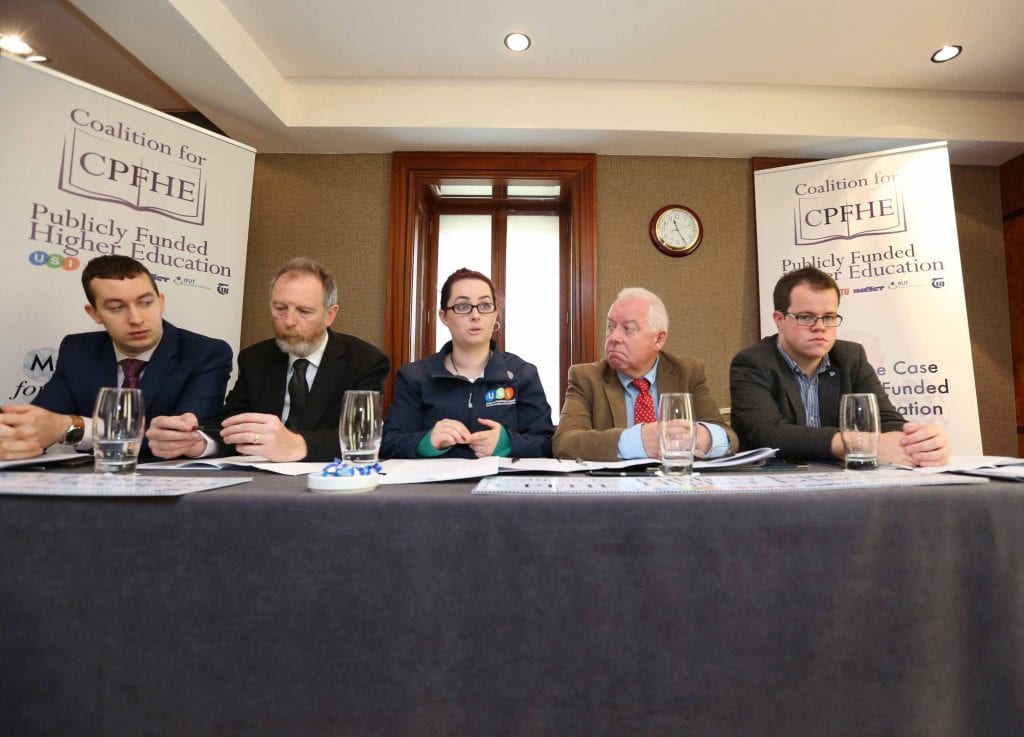 NO REPRO FEE 28/09/2016. The Coalition for Publicly Funded Higher Education to make recommendations in support of publicly funded education. The Coalition for Publicly Funded Higher Education, a group comprising of AMLÉ, SIPTU, IFUT, IMPACT and TUI hold a press conference in Buswells Hotel to make the case for publicly funded third level education, including how it would work, why it is vital for the future of the country and how publicly-funded third level education has worked in other countries. Pictured are (LtoR) Joe O'Connor, IMPACT lead organiser, Aiden Kenny, TUI, Assistant General Secretary, Annie Hoey, AMLÉ President, Mick Jannings, IFUT General Secretary and Dan O'Neill, Siptu, Compaign and Equality Dep. Photography: Sasko Lazarov/Photocall Ireland