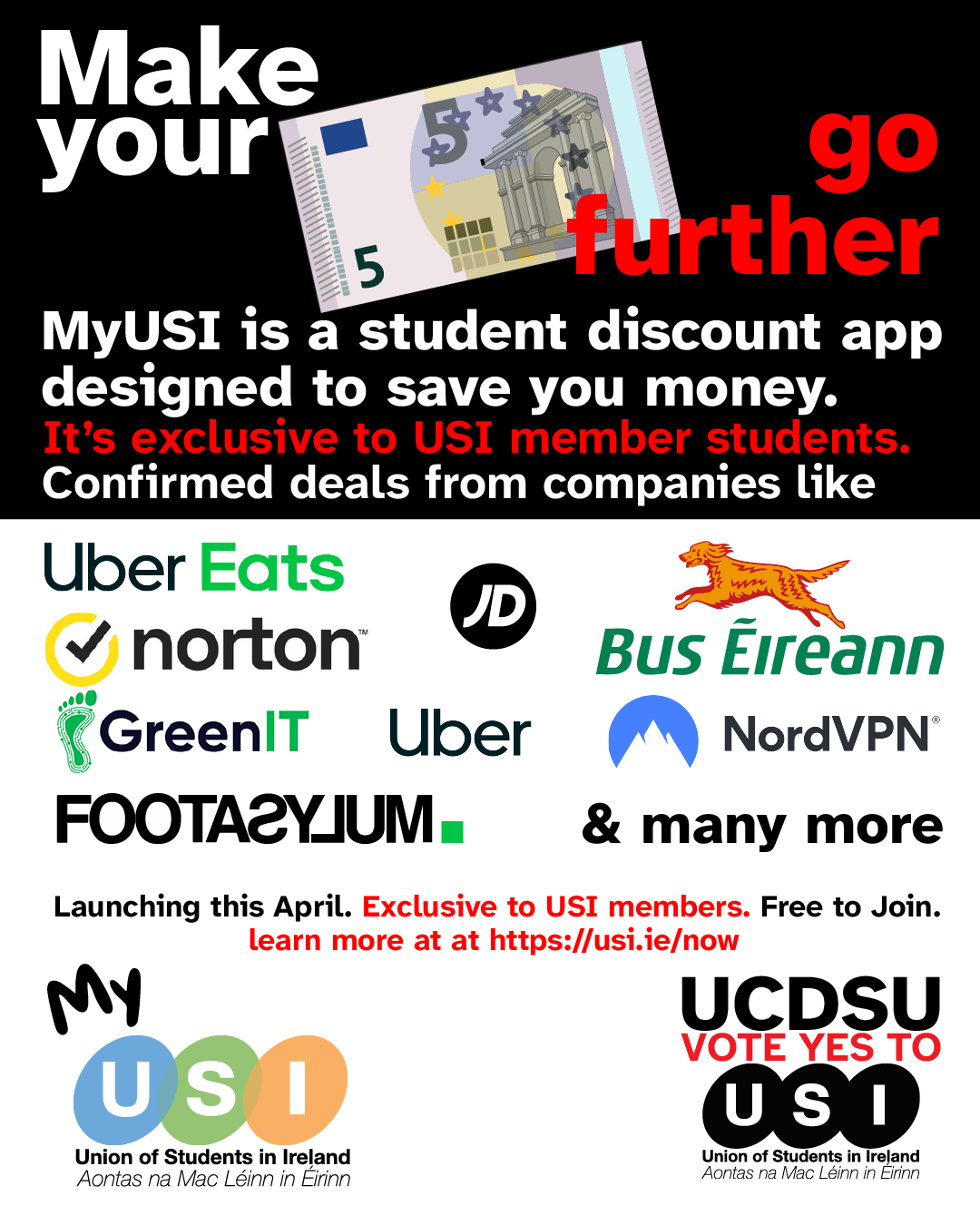 AMLÉ members will save with our exclusive discount app.  This image contains the logos of companies. and encourages students to vote Yes to AMLÉ on 1st, 2nd and 3rd April.